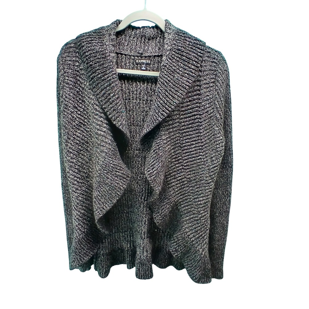 Express Cardigan M Grey Metallic‎ Merino Wool Blend Chunky Knit Dark Academia
